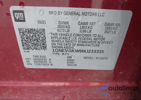 2021 Chevrolet Traverse Awd Lt Cloth from USA, damaged, VIN 1GNEVGKW9MJ233335